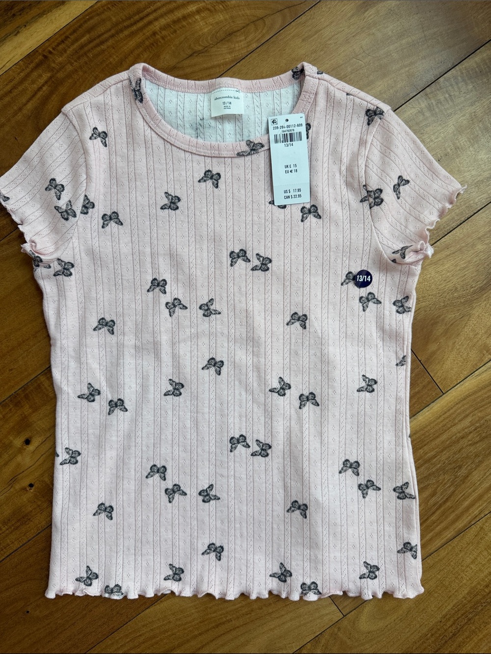 abercrombie kids Light Pink Ribbed Tee with Gray Bow Print